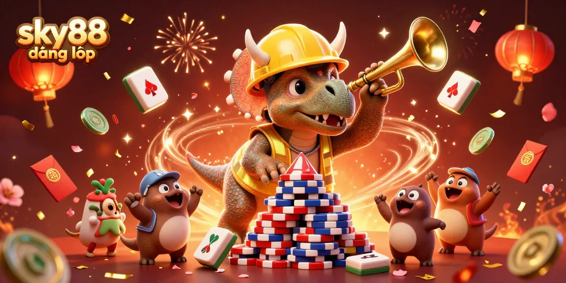 Win big with sky88 đăng nhập as triceratops builds poker chip pyramid amid vibrant casino celebration.