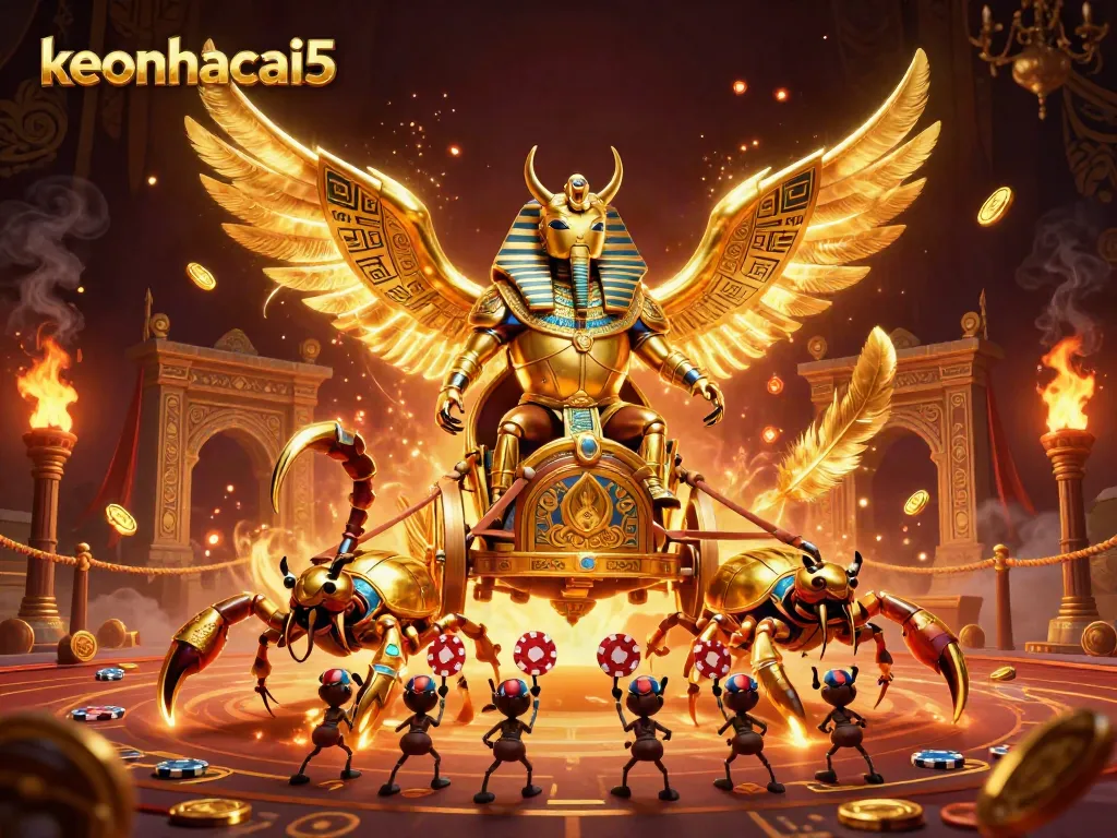 Experience excitement with keonhacai5 as the pharaoh beetle commands its chariot amidst vibrant gambling elements.