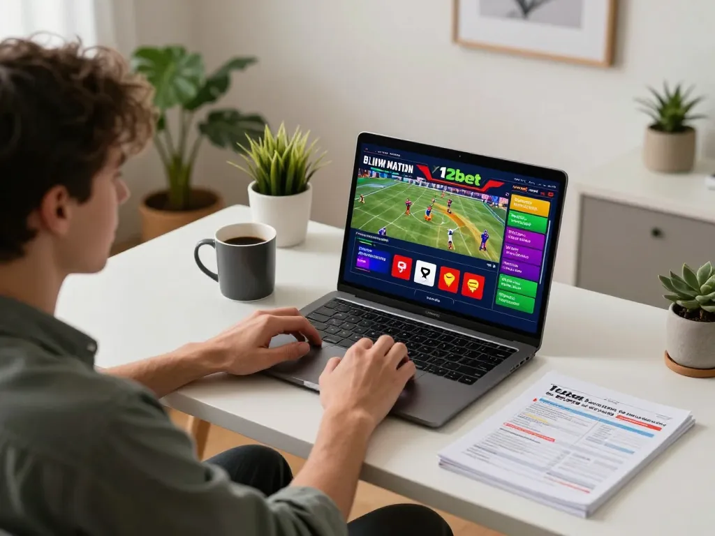 Tham gia cá cược năng động trên 12bet từ một không gian làm việc tại nhà phong cách với laptop.