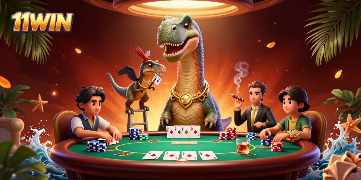 Experience the thrilling 11WIN casino with a lively poker scene and vibrant characters.