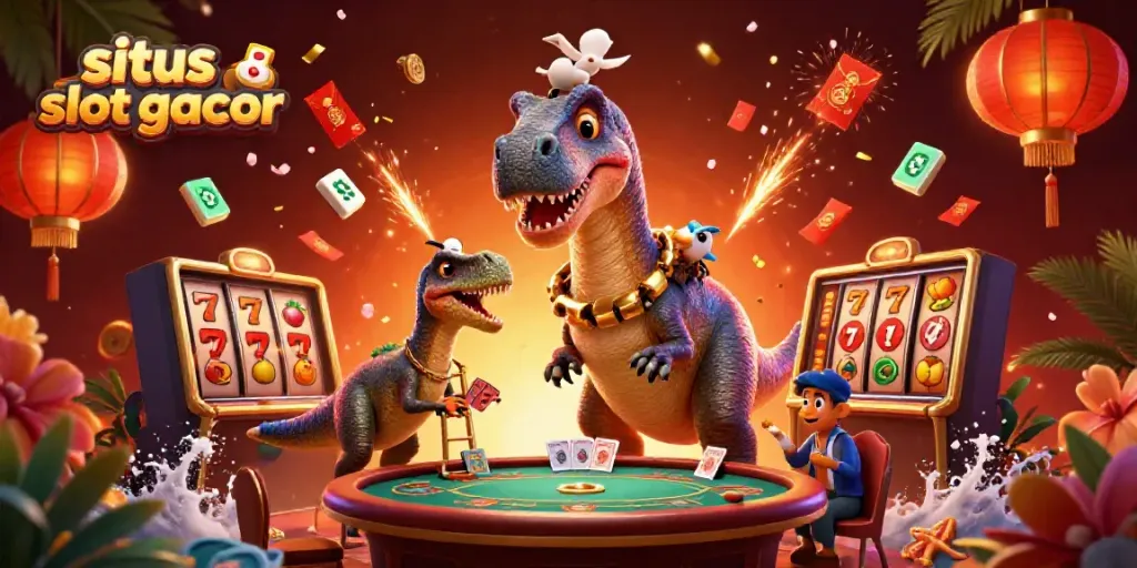 Experience situs slot gacor excitement with cartoon dinosaurs in a vibrant casino setting.