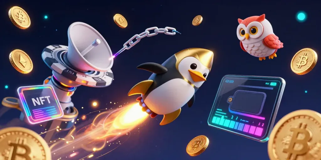 Experience the excitement of Go88 with a golden penguin entering a vibrant casino space, surrounded by crypto elements.