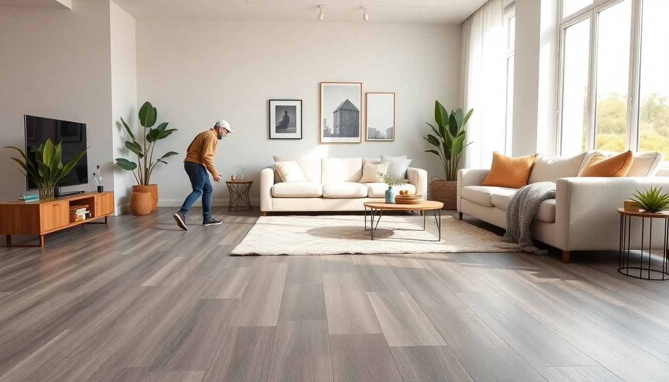 Explore waterproof lvp flooring in a modern living room with warm gray tones and natural lighting.