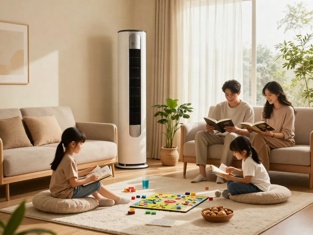 Family enjoying a cozy living room with a mini split air conditioner for effective cooling.
