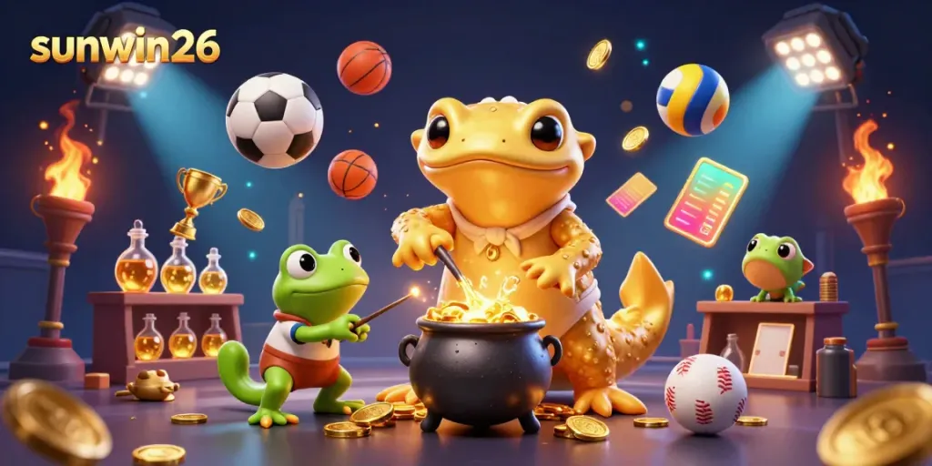 Engage with sunwin26's vibrant gaming world featuring a golden salamander alchemist and thrilling sports betting elements.