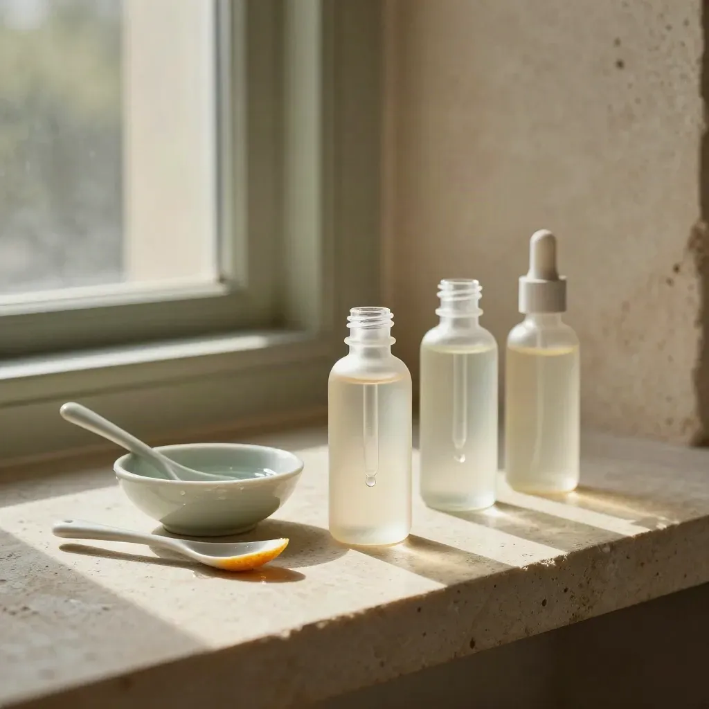 Serum bottles, dropper, citrus peel and water bowl on a pale stone shelf in sun.