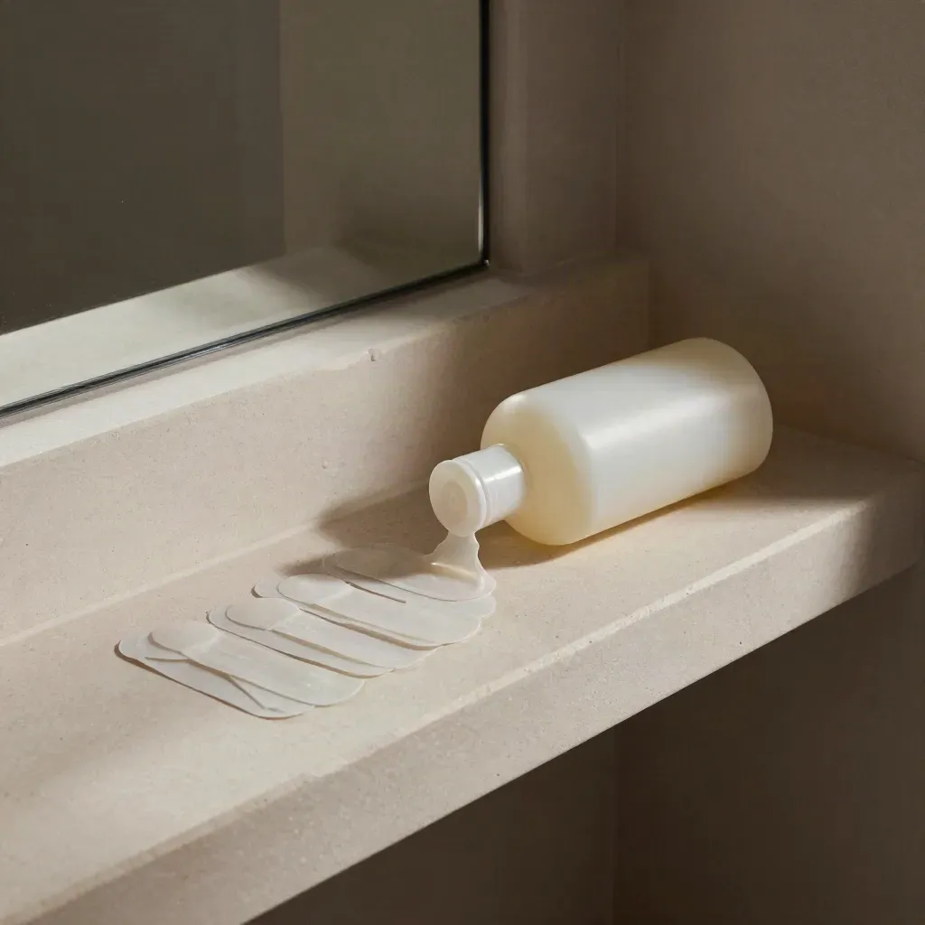 Tipped cleanser bottle beside aligned acne patches and a mirror edge on a stone bathroom shelf.