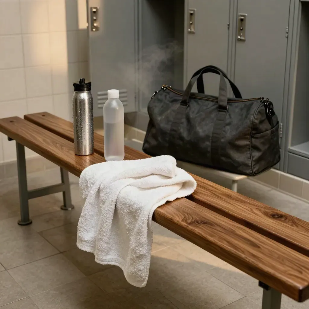 Damp towel slumping off a gym bench beside a caddy, bottle and duffel in humid locker-room light.