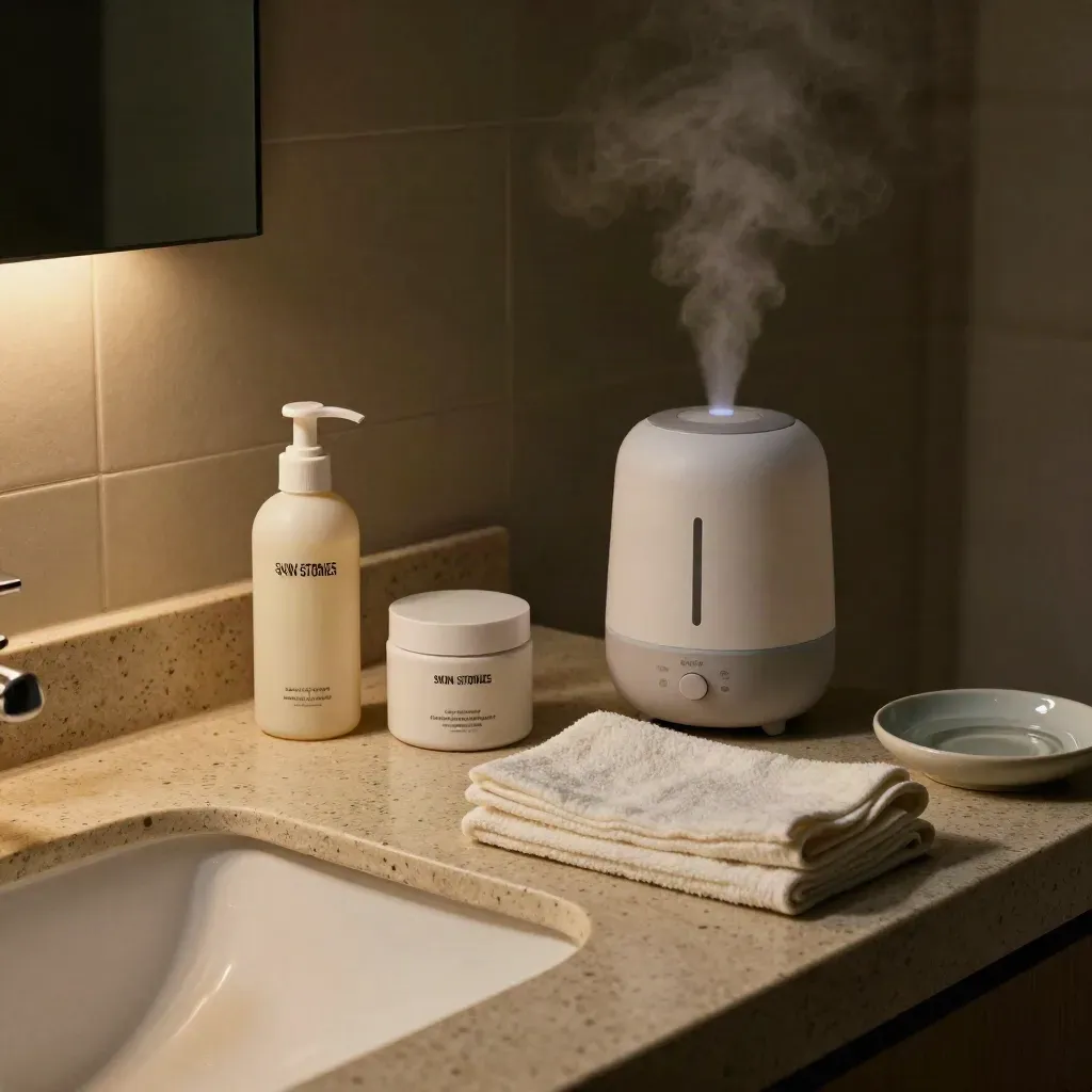Bathroom counter with cleanser, moisturizer, humidifier mist, and a folded sleep cloth at night.