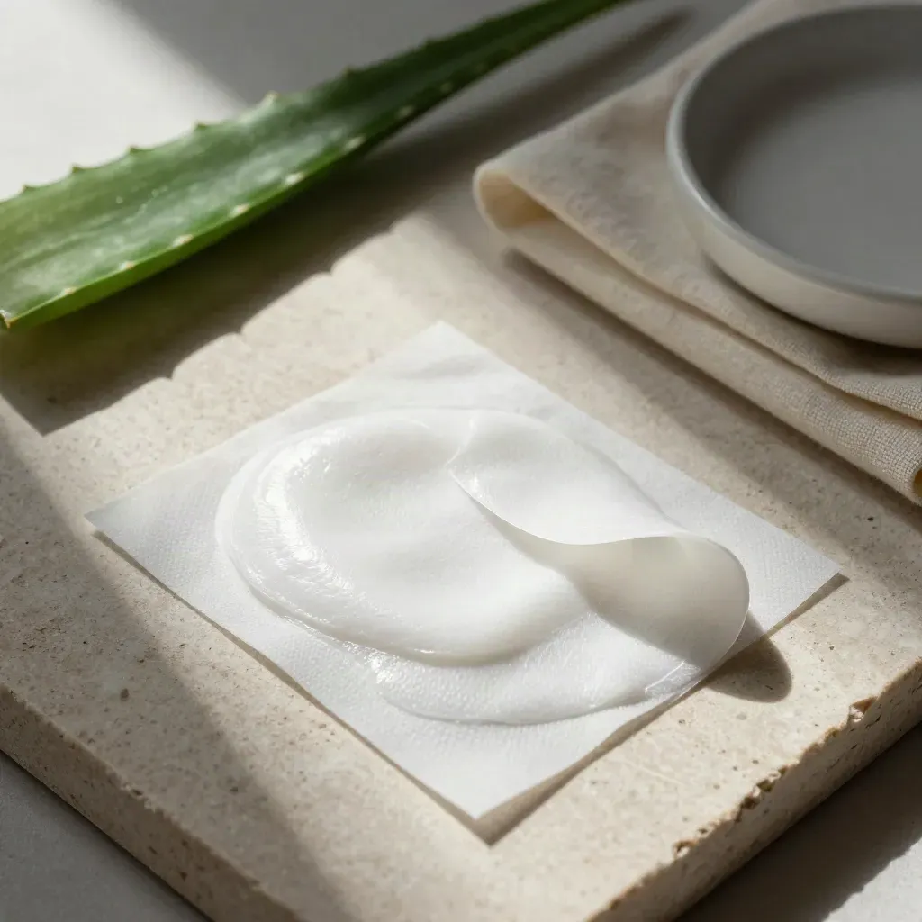 Top-down hydrocolloid patch sheet with aloe, muslin, and ceramic dish on pale stone.