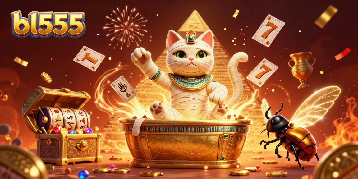 Win big with bl555 in this vibrant casino scene featuring a mummy cat, golden treasures, and slot games.