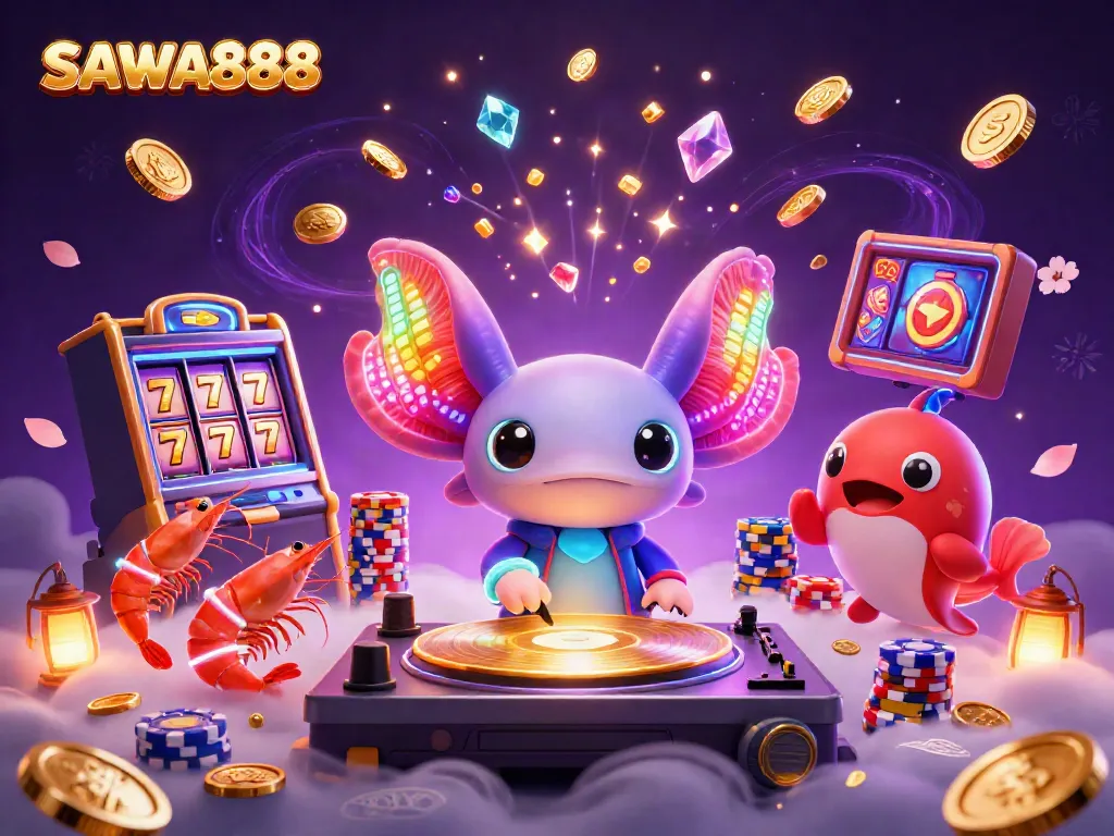 Engage with SAWA888's vibrant casino scene featuring a neon axolotl DJ spinning slots and poker.