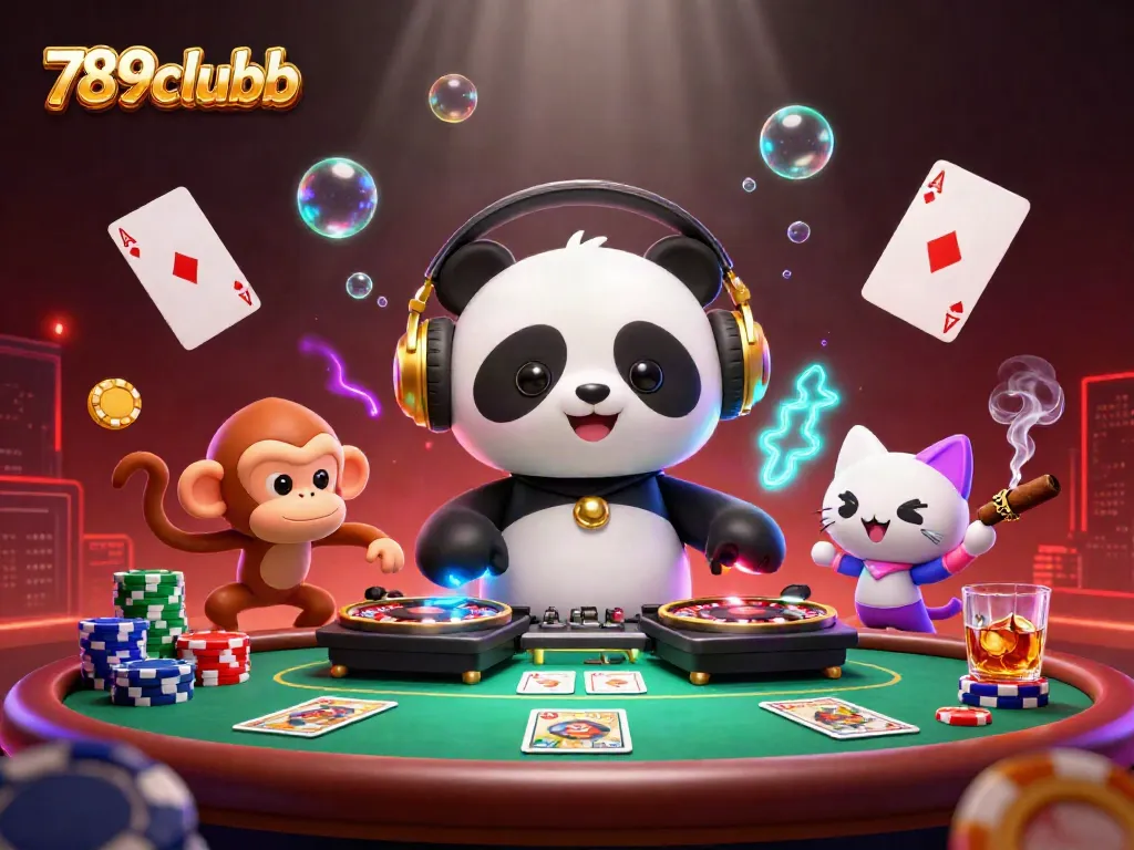 Engage with the vibrant 789clubb casino scene featuring a DJ panda and dynamic characters playing games.