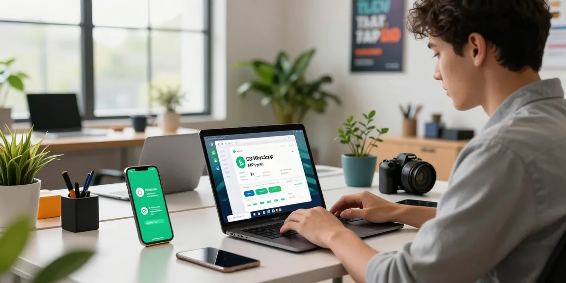 Young professional exploring GB WhatsApp APK on laptop in a modern tech workspace.