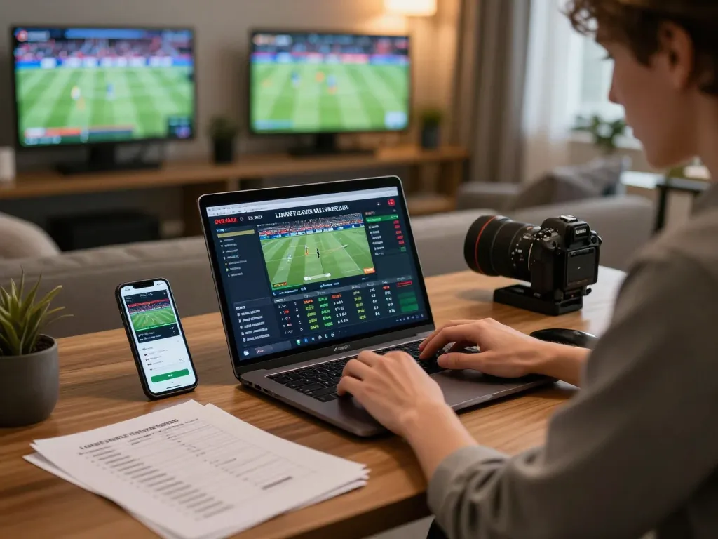 Place bets with SC88 đăng nhập at a stylish home office with a person focused on sports betting action