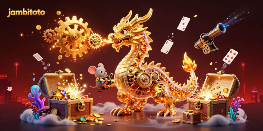 Watch the mythical jambitoto dragon unleash golden gears amidst a spectacular casino scene.