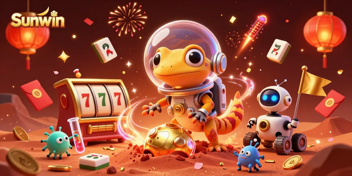 Sunwin celebrates with a Martian gecko and robot discovering slot jackpots at a stunning intergalactic casino.
