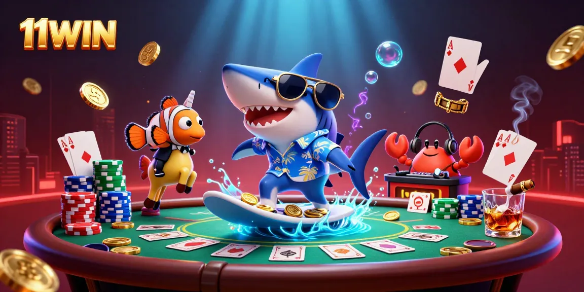 11WIN captures the excitement of gambling with a lively scene of characters amidst poker and casino elements.