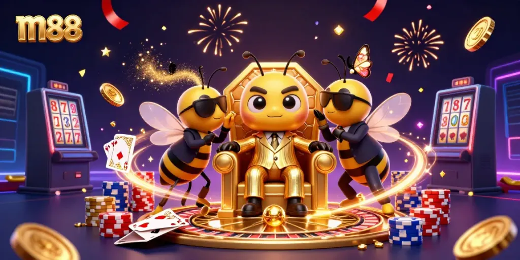 Experience the excitement with m88 in this vibrant casino scene filled with dynamic game elements and characters.