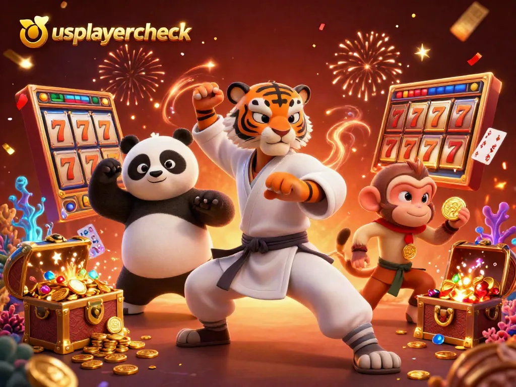 Win big with usplayercheck at this colorful online gaming illustration featuring a tiger master and panda disciple.
