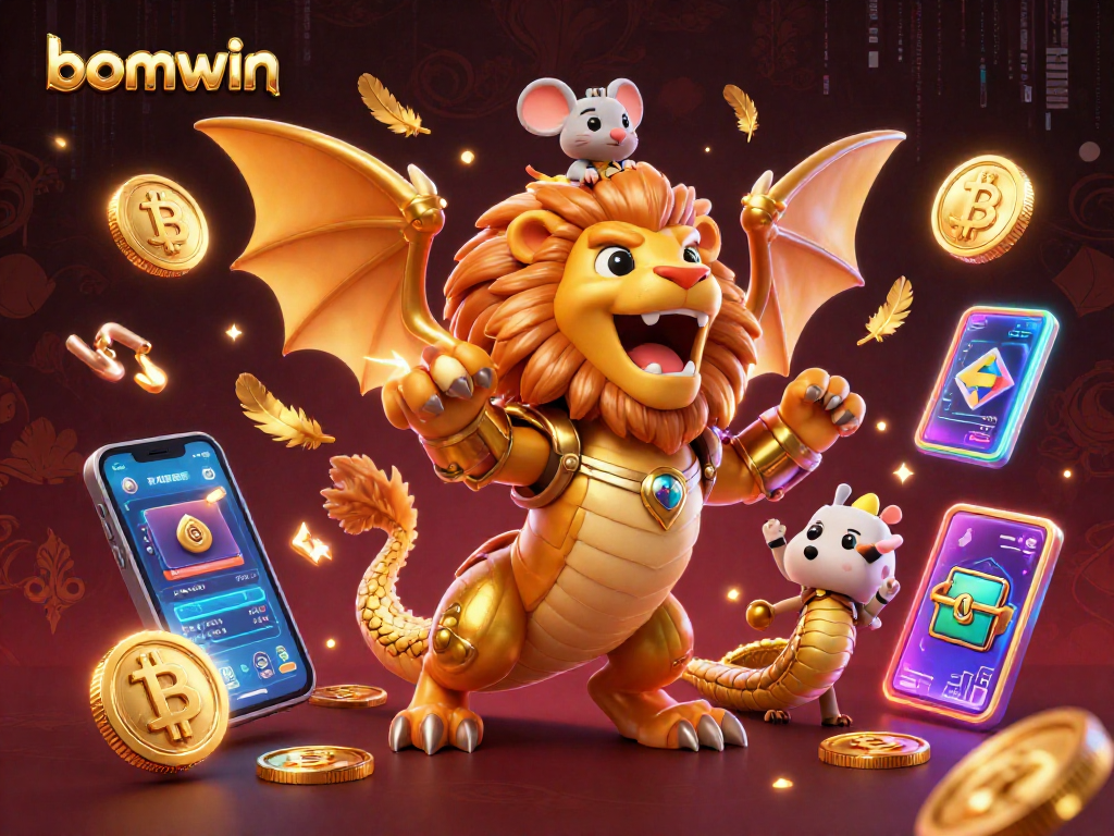 Experience the thrilling sights of bomwin with a roaring chimera and crypto coins in an electric casino scene.