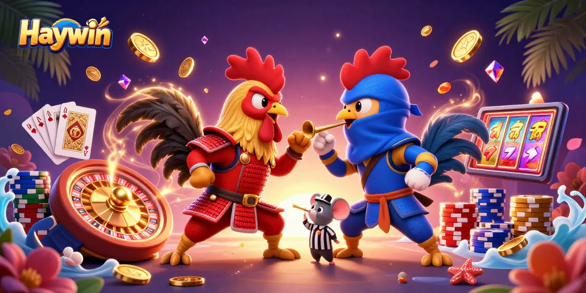 Haywin offers thrilling online gaming action with vibrant roosters in a colorful casino environment.