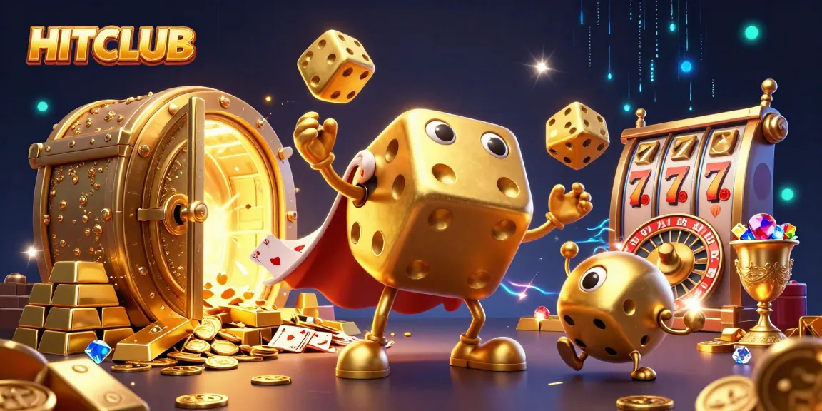 Engage with HITCLUB's vibrant gaming universe featuring a dazzling 3D illustration of treasures and games.