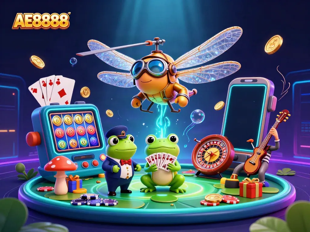 Experience casino thrill with AE8888 in a vibrant 3D gaming scene featuring interactive game elements.