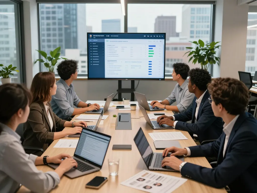 Staffing agencies team collaborating in a modern office setting with candidate profiles and hiring metrics displayed