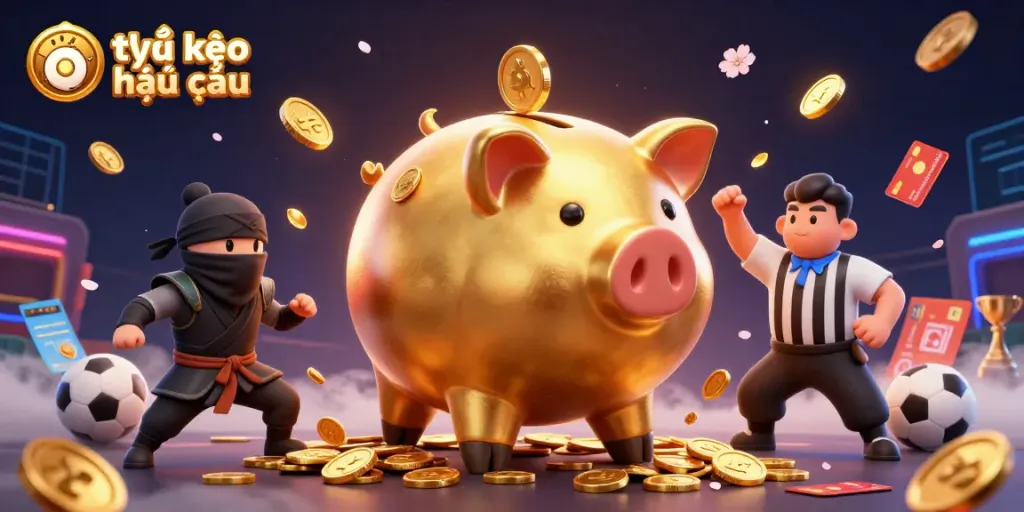 Engage with tỷ lệ kèo nhà cái through vibrant gameplay featuring a golden piggy bank sumo wrestler and dynamic sports betting elements.