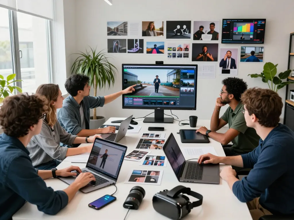 Dynamic video production team using Kling AI in a creative workspace, collaborating on motion generation.