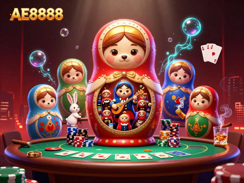 Experience exciting AE8888 gameplay with a vibrant 3D scene showcasing poker elements and lively characters.
