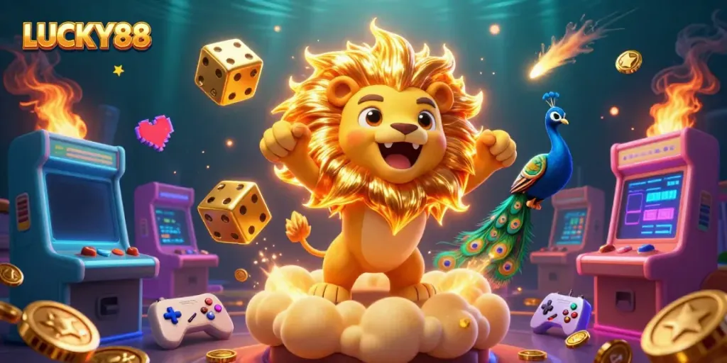 LUCKY88 showcases a vibrant 3D scene with a roaring lion and golden dice, full of gambling elements.