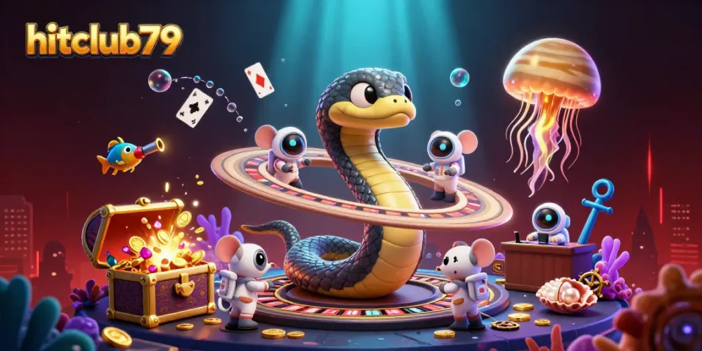 Engage in thrilling gameplay at hitclub79 with a vivid 3D cosmic casino scene featuring animated characters and exciting elements.