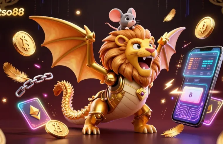 Experience winning at betso88 with the chimera creature and crypto game elements in a vibrant casino scene.