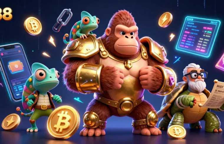 Experience thrilling gaming at tg88 with vibrant 3D characters and crypto elements in a casino environment.
