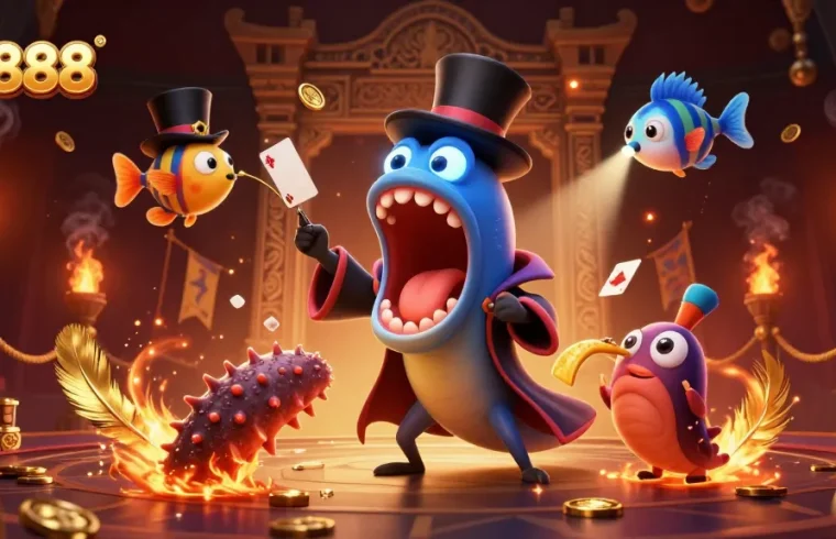 Engage in thrilling action with nk888's vibrant casino scene featuring dazzling card tricks and magical elements.