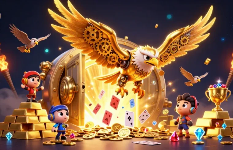 Experience the thrill of Go 88 with a golden eagle soaring through holographic cards and treasure.
