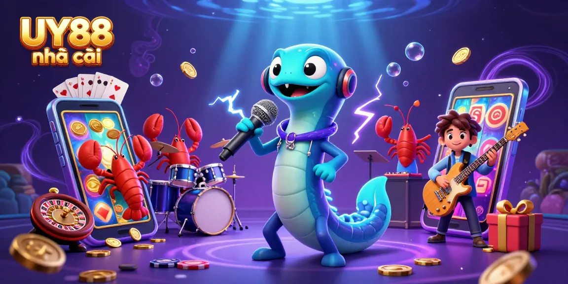 Engage with exciting games at UY88 nhà cái featuring vibrant 3D illustration of electric eel DJ.