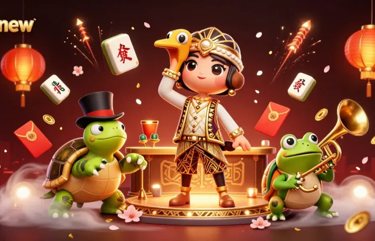 Join the excitement of 888new as characters celebrate at a vivid speakeasy with Mahjong, lanterns, and colorful gaming elements.