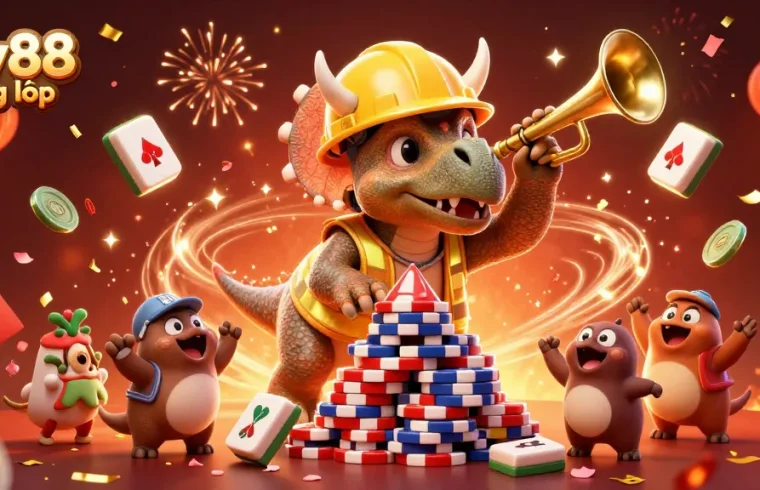 Win big with sky88 đăng nhập as triceratops builds poker chip pyramid amid vibrant casino celebration.