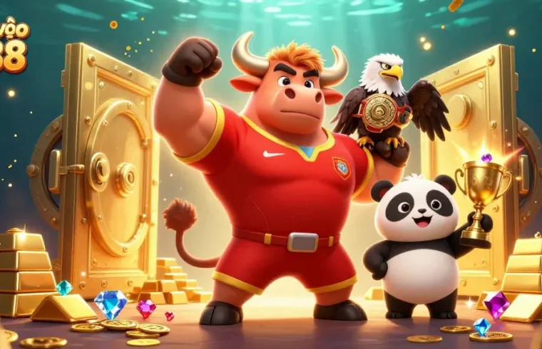 Engage with Link vào xo88 as a muscular bull mascot celebrates victories amidst golden treasures.