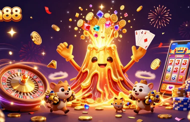 Experience thrill at hm88 with a vibrant casino scene featuring gold coins, treasures, and game elements.