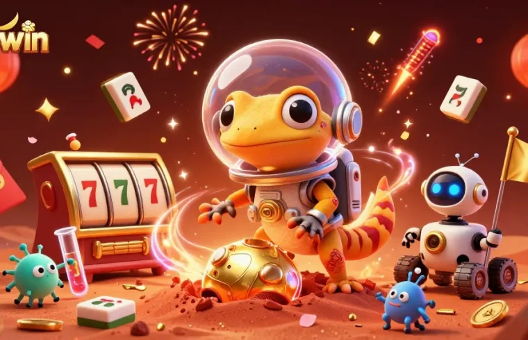 Sunwin celebrates with a Martian gecko and robot discovering slot jackpots at a stunning intergalactic casino.