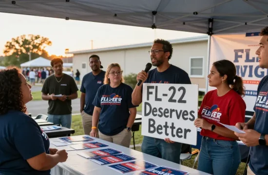 Community engagement scene featuring Casey Askar at a political campaign event, showcasing voter interaction and support for FL-22.