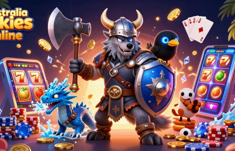 A thrilling scene showcasing australia pokies online with a Viking wolf warrior, dragon, and raven amidst slot reels and coins.